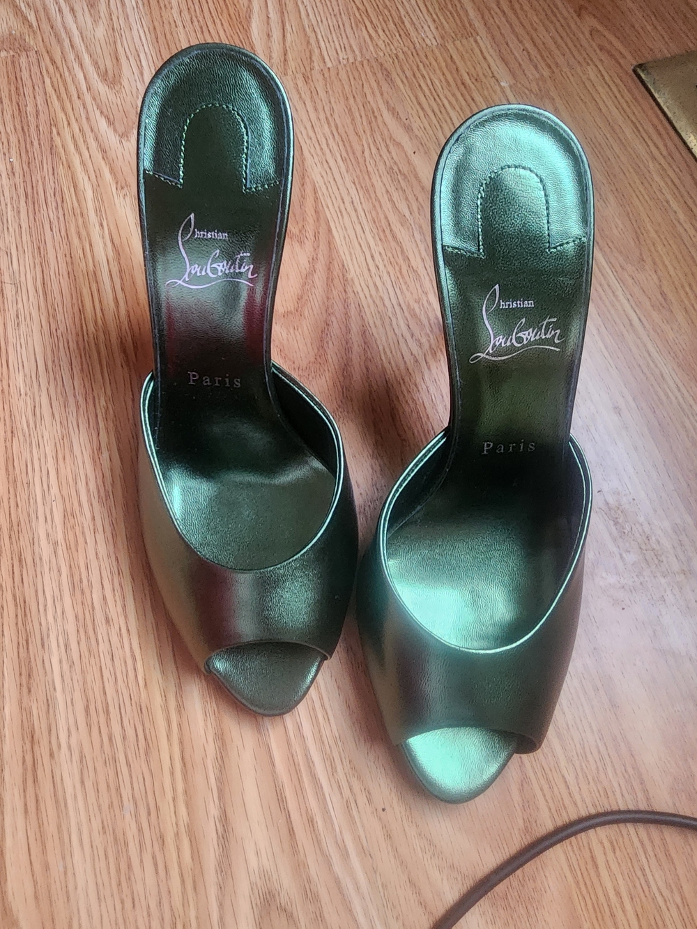 Christian Louboutin Metallic Emerald Green Peep-Toe Mules
